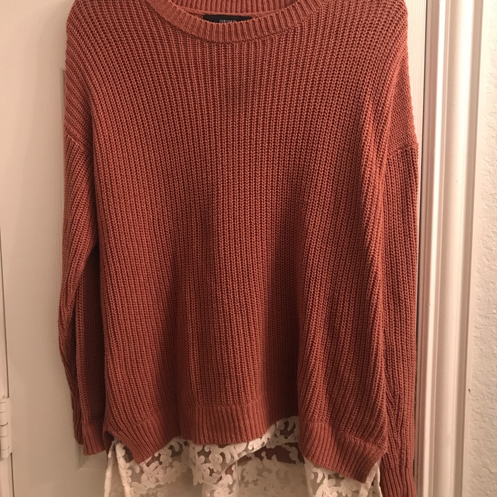 Coral/Salmon sweater with lace detail - Picture 1 of 4